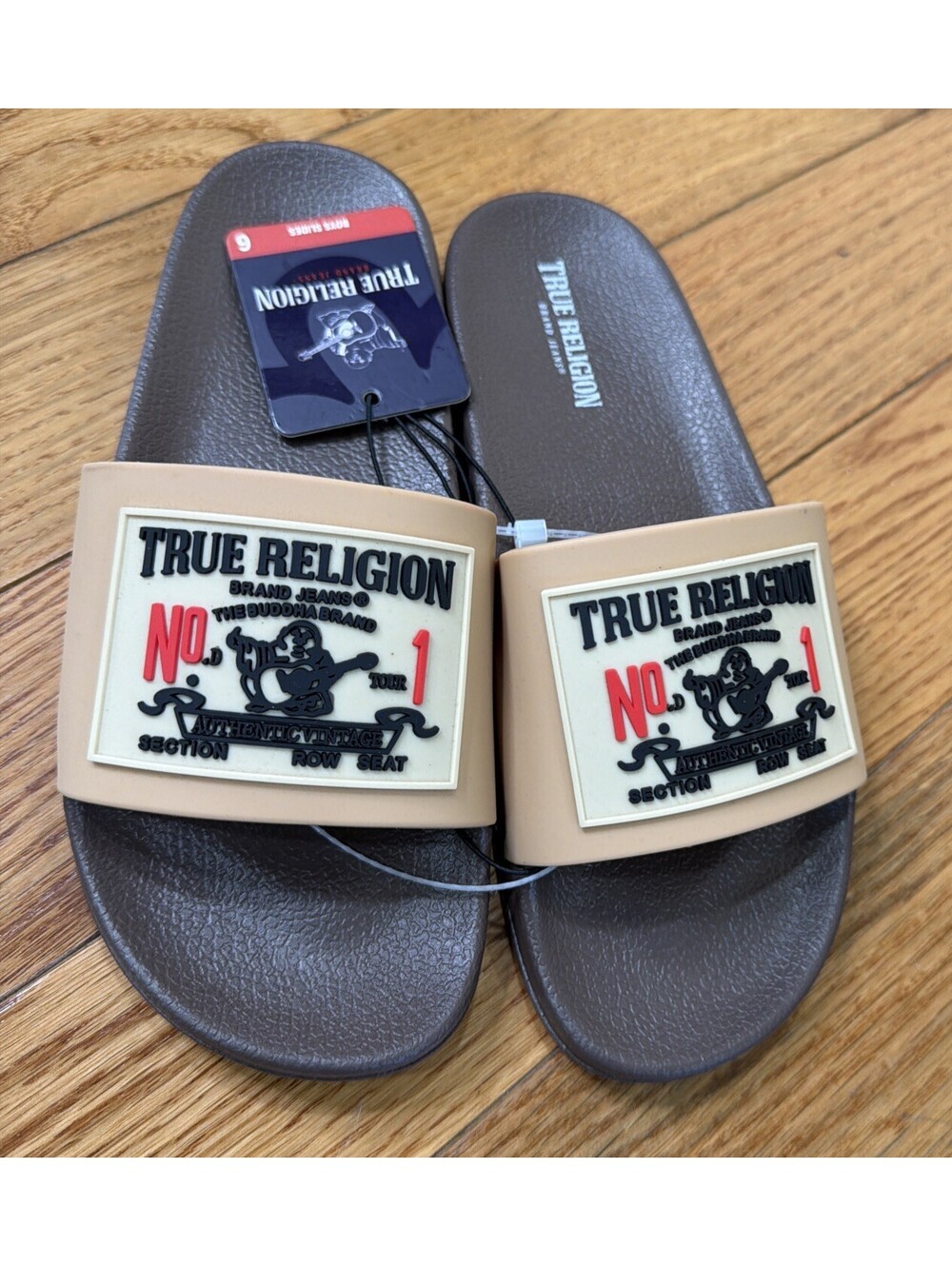 Size US 6 Boys True Religion Logo Slide Sandals Brown Beige Synthetic NWT